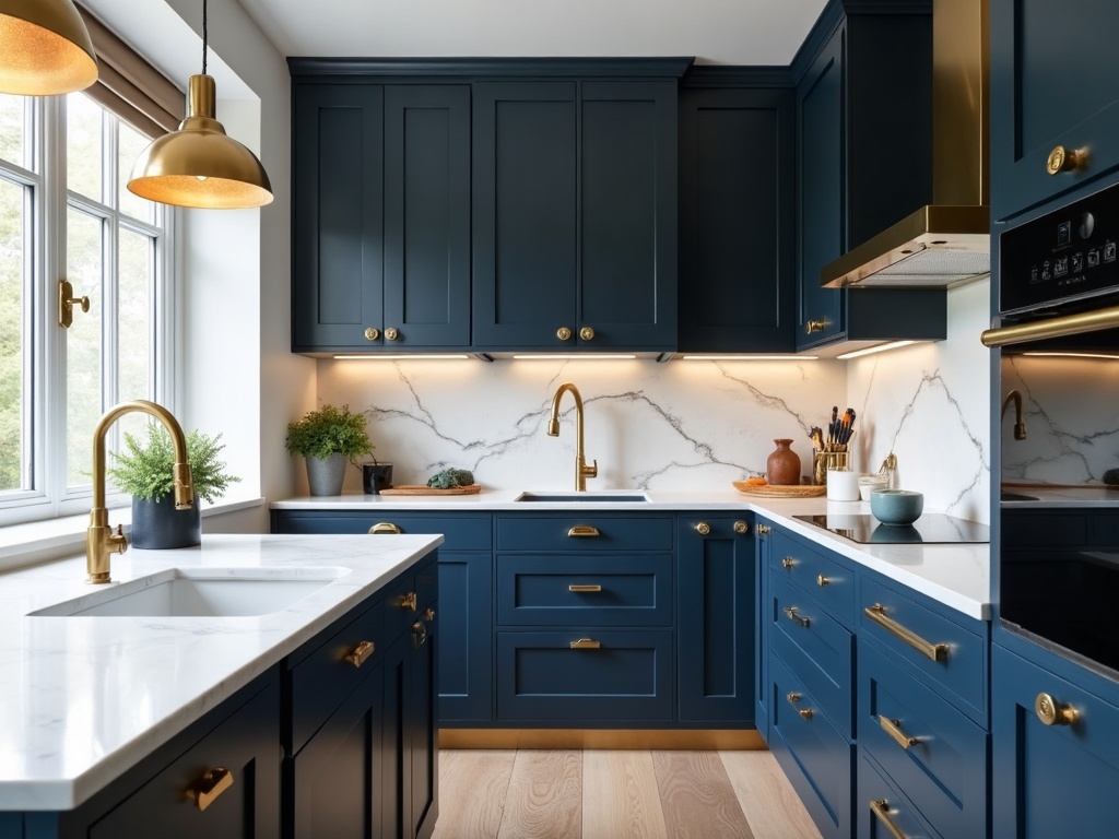 Navy shaker kitchen cabinets render