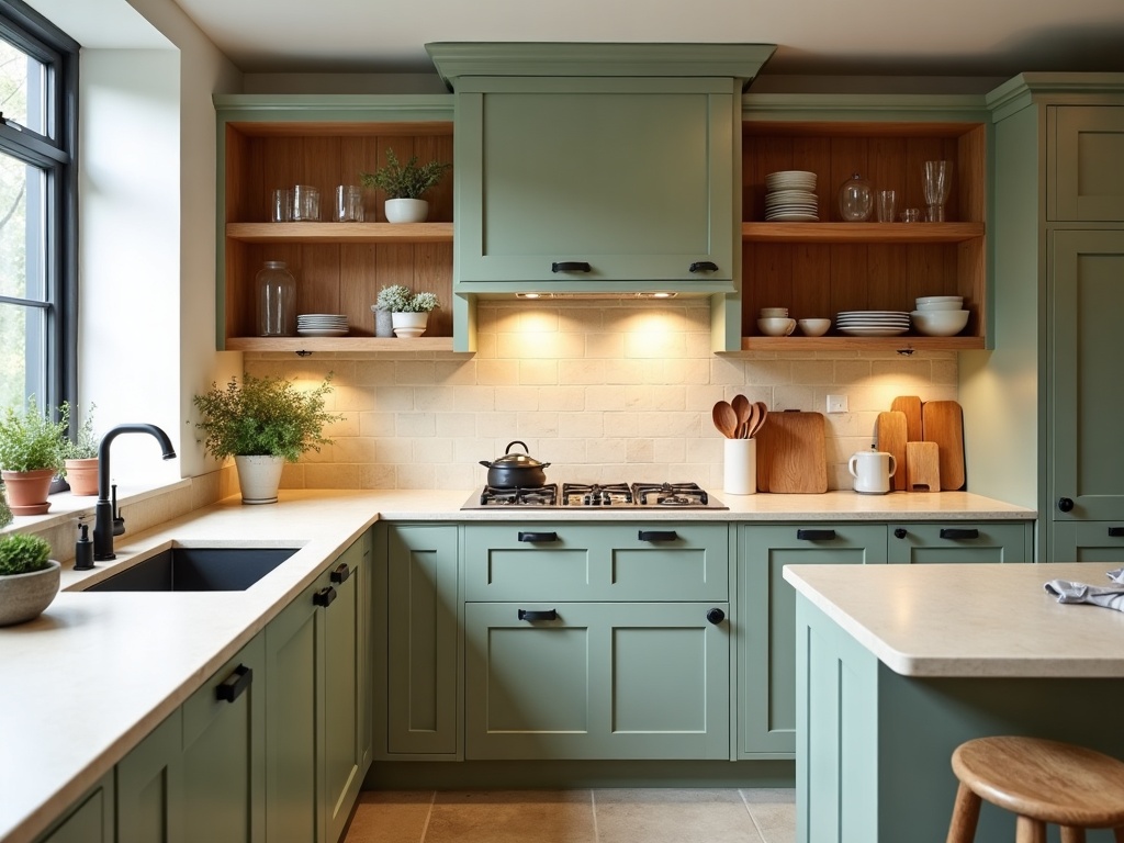 Sage green shaker kitchen cabinets render
