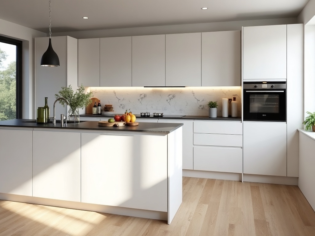 White high-gloss kitchen cabinets render
